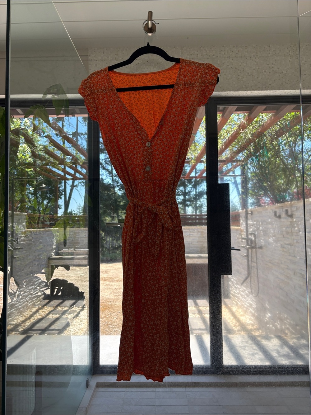Floral Orange Button-Front Midi Dress with Tie Waist